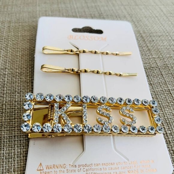 Hair clips fashion pins Rhinestone Gold Deco Hair Clips "KISS" set of 3 PCS - Picture 6 of 7